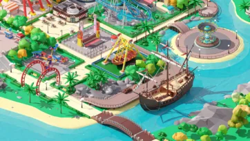 Close-up view of 3D low poly amusement park water section with detailed pirate ship, roller coaster loops and tropical palm trees