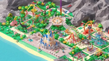 Aerial view of 3D low poly amusement park featuring multiple roller coasters, drop tower, ferris wheel and various carnival rides in mountain setting