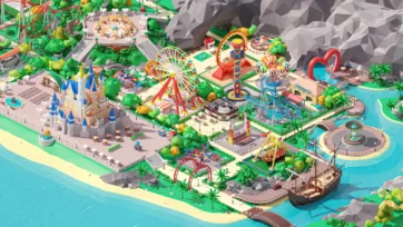 Complete 3D low poly amusement park layout with roller coasters, ferris wheel, castle, water attractions and pirate ship on tropical island setting