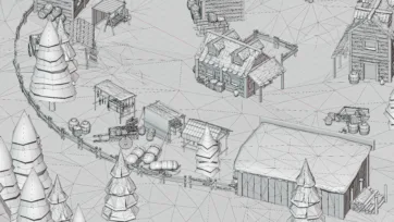 Low poly 3D arctic village wireframe models showing teepees, wooden buildings and pine trees in development mode