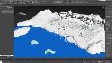 Low poly 3D arctic scene in 3ds Max software showing snowy mountains, pine forest and blue ocean with icebergs