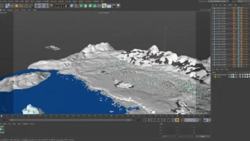 Low poly 3D arctic landscape in Houdini software with mountain terrain, forest and blue water development view
