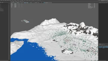 Low poly 3D arctic scene development in Maya software showing mountain landscape with forest and settlements