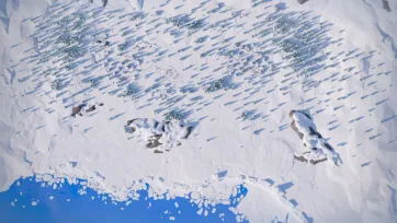 Aerial view low poly 3D arctic coastline with dense pine forest meeting blue ocean with ice formations