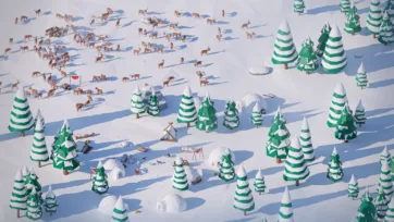 Low poly 3D reindeer herd near arctic camp with igloos, teepees and evergreen trees in snowy wilderness