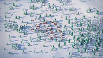 Aerial view low poly 3D arctic logging camp with wooden buildings surrounded by snow-covered pine forest in winter landscape