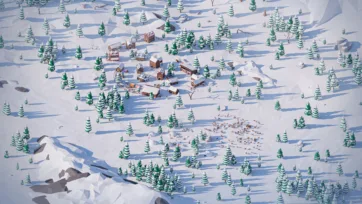 Aerial view low poly 3D arctic outpost with wooden buildings surrounded by wildlife herd in snowy forest landscape
