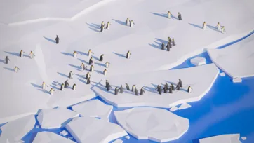 Low poly 3D penguin colony scattered across white ice floes with blue arctic water channels between