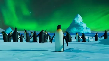 Low poly 3D emperor penguin colony under green northern lights with icebergs in arctic ocean background