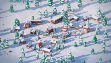 Aerial overview low poly 3D large arctic settlement with many wooden buildings, market stalls and snow-covered trees