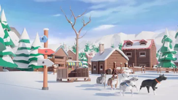 Low poly 3D arctic village with sled dogs team, wooden buildings covered in snow and evergreen forest