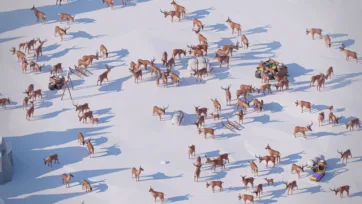 Aerial view low poly 3D large reindeer migration across snowy arctic tundra with scattered sleds and equipment