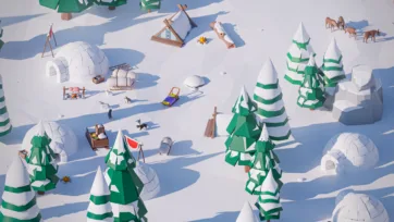Low poly 3D arctic eskimo village with igloos, sleds, campfires and snow-covered evergreen trees in winter