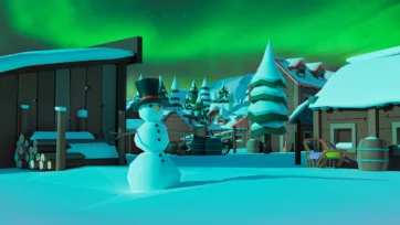 Low poly 3D arctic village with snowman under green northern lights aurora with wooden houses and pine trees