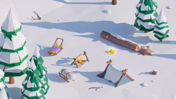 Low poly 3D arctic winter campsite with wooden sleds, campfire, fallen logs and snow-covered pine trees