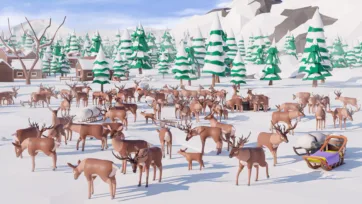 Low poly 3D massive reindeer herd grazing near arctic village with snow-covered cabins and pine forest in winter landscape