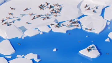 Aerial view low poly 3D arctic ice floes with seals scattered across floating ice platforms in blue water