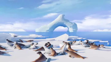 Low poly 3D arctic scene with seals resting on ice floes near natural ice arch formation in blue ocean