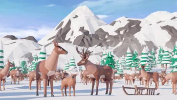 Low poly 3D reindeer herd grazing in arctic landscape with snow-capped mountains and pine forest background
