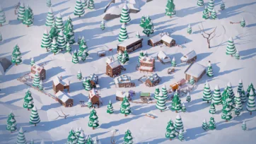 Low poly 3D arctic settlement overview showing wooden houses, storage buildings and evergreen trees in snow
