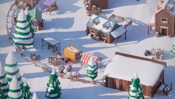 Low poly 3D arctic trading post with colorful market stalls, wooden buildings and snow-covered pine trees