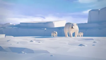 Low poly 3D polar bear family with cubs standing on arctic ice shelf with icebergs in background