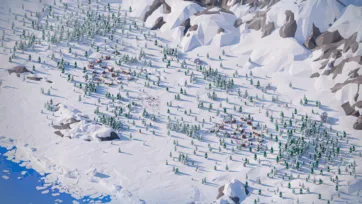 Aerial view low poly 3D arctic mountain village with snow-covered buildings scattered across snowy valley