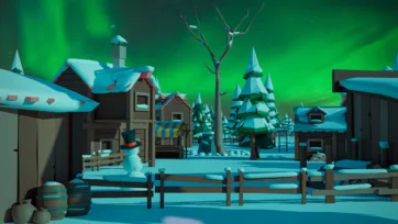 Low poly 3D arctic village with wooden houses covered in snow under green northern lights aurora borealis