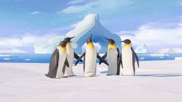Low poly 3D scene of emperor penguins standing together on ice floe with large iceberg in arctic ocean background