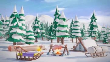 Low poly 3D arctic winter camp scene with snow-covered pine trees, wooden sleds, campfires, and teepee tent in snowy landscape