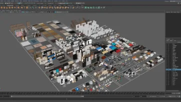 Maya furniture realistic low-poly 3D modeling scene featuring complete furniture collection with advanced materials and professional workflow interface