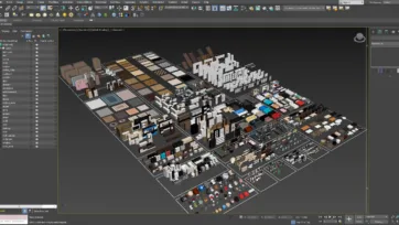 3ds Max furniture realistic low-poly scene overview displaying comprehensive furniture collection with detailed 3D models and professional rendering setup