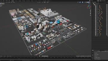 Complete 3D furniture realistic low-poly scene in Blender showing entire furniture pack with organized categories and professional 3D modeling workflow