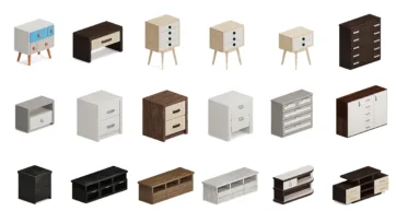 3D low-poly nightstands, dressers, and bedroom storage furniture collection with modern designs, drawers, and TV stands in various finishes