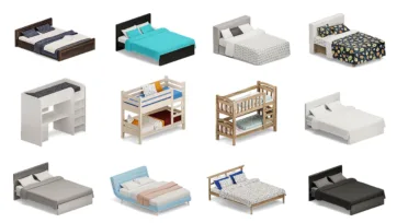 Realistic 3D low-poly bedroom furniture collection with various bed styles, bunk beds, children's beds, and colorful bedding designs