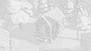 Wireframe view of low poly building structure showing detailed 3D model geometry and polygonal construction