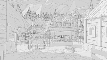 Wireframe view of low poly village scene showing 3D modeling structure, geometry, and polygonal construction details