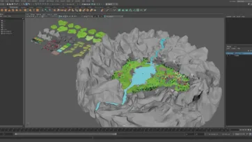 Maya 3D software workspace showing low poly village pack development with modeling tools and scene hierarchy