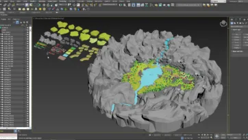 3ds Max software interface displaying low poly village scene development with comprehensive asset library and modeling tools
