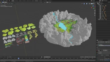 Blender 3D software workspace showing low poly village pack development with complete asset collection and modeling interface
