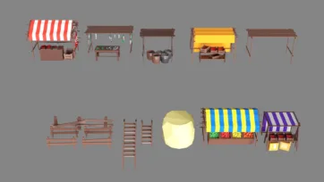 Low poly 3D market vendor stalls with colorful striped canopies, fencing, and trading stand equipment