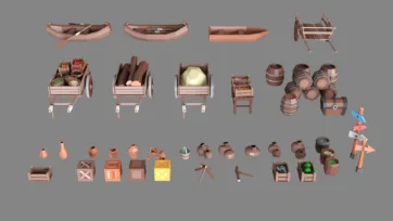 Low poly 3D transport assets featuring boats, barrels, wooden containers, and storage equipment