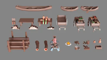 Low poly 3D wooden boats, carts, tables, and village equipment with rustic furniture and tools