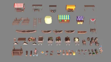 Low poly 3D village props including market stalls, wooden boats, barrels, carts, and merchant equipment