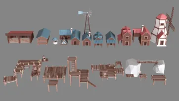 Low poly 3D village buildings collection featuring windmill, houses, docks, and various architectural structures