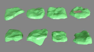Low poly 3D green hills and terrain elements with various landscape ground pieces and natural formations