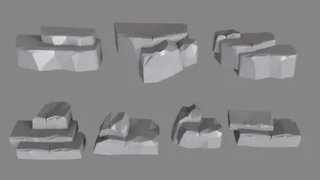 Low poly 3D rock formations and cliff terrain pieces with modular stone assets for landscape building