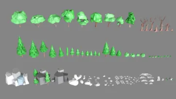Low poly 3D vegetation pack featuring various trees, pine trees, rocks, stones, and natural environment assets