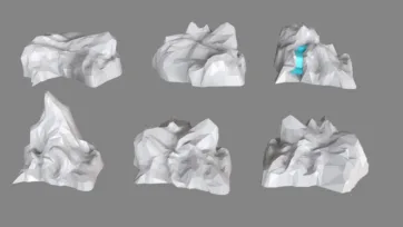 Low poly 3D rock formation and mountain assets with detailed stone textures and waterfall elements