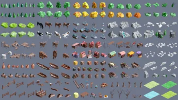 Complete low poly 3D village asset pack collection showing trees, animals, buildings, boats, and environmental elements